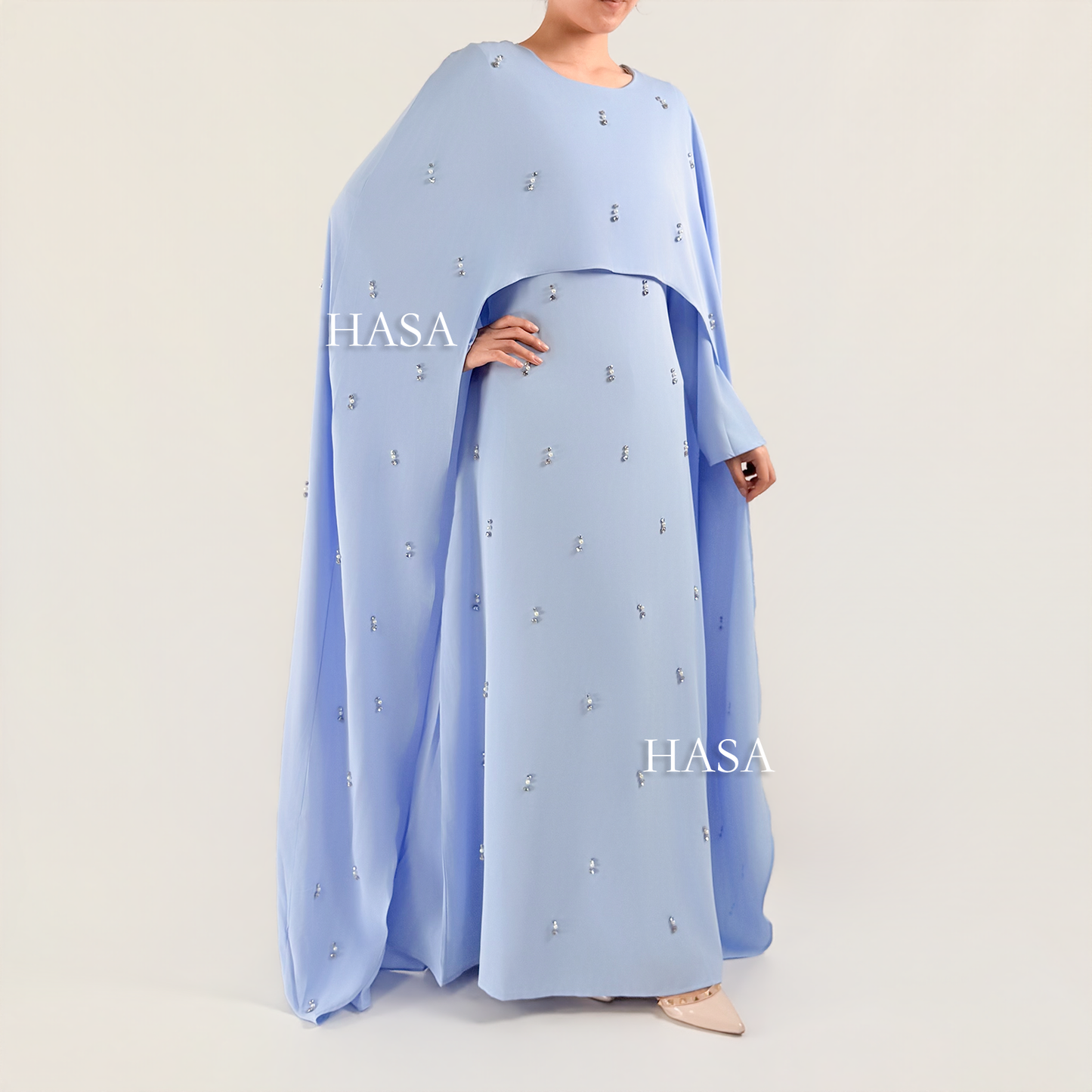 HS6505 Beaded Maxi Dress with Attached Cape Overlay