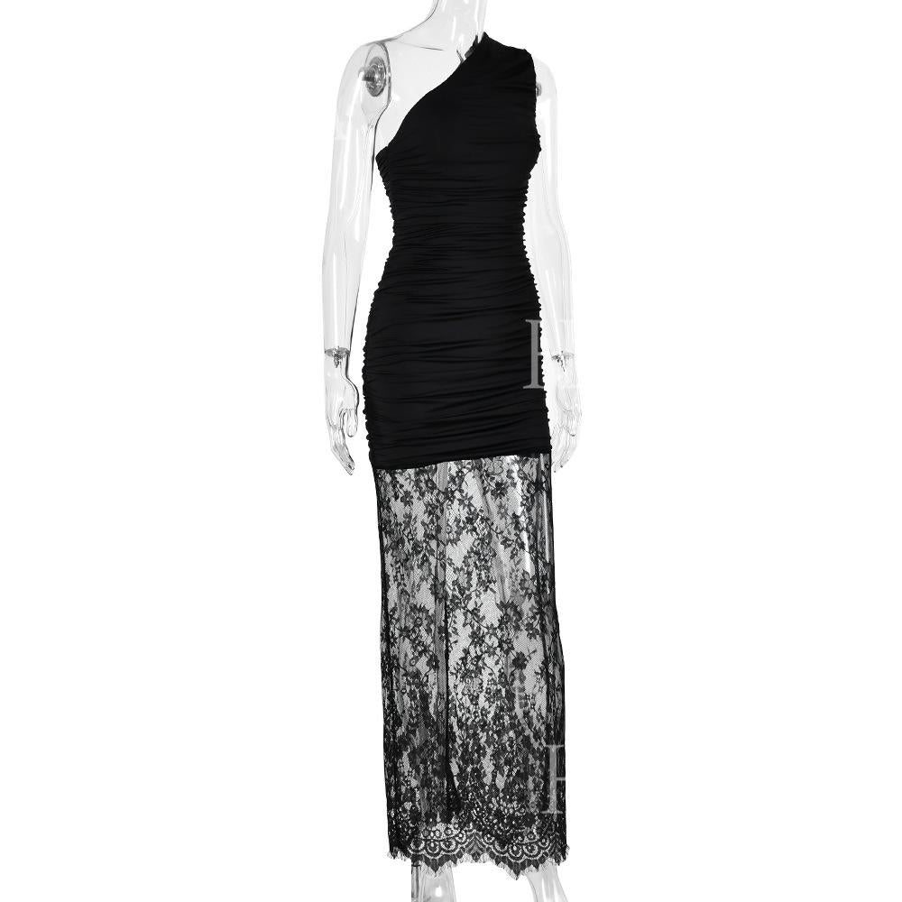 HASA HS6772 Slim Fit One Shoulder Mesh Lace Evening Dress