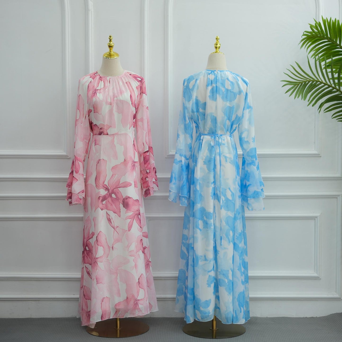 HASA HS6811 Chiffon Floral Maxi Dress Flare Ruffle Sleeve Elegant Long Dress for Women Daily Party Wear