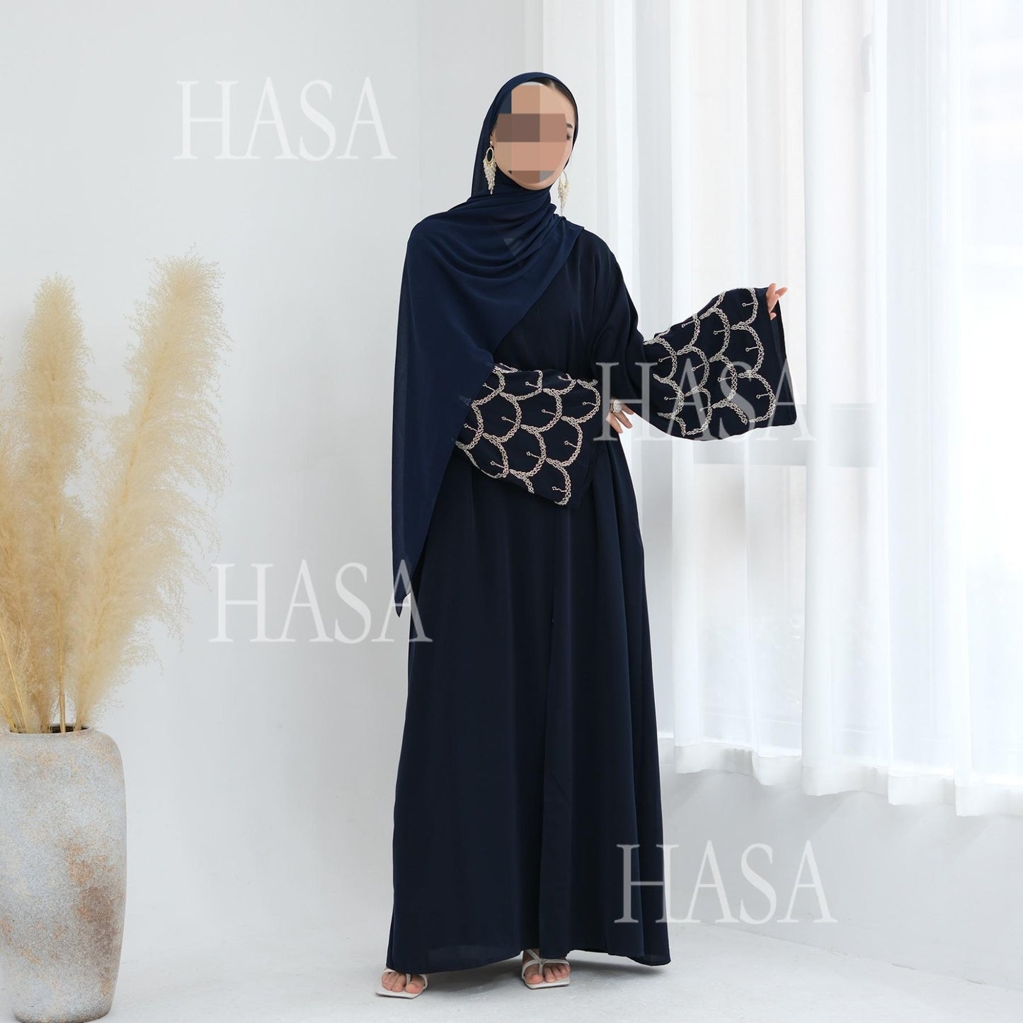 HS6608 Solid Color Hand-beaded Long Cardigan (headscarf Not Included)