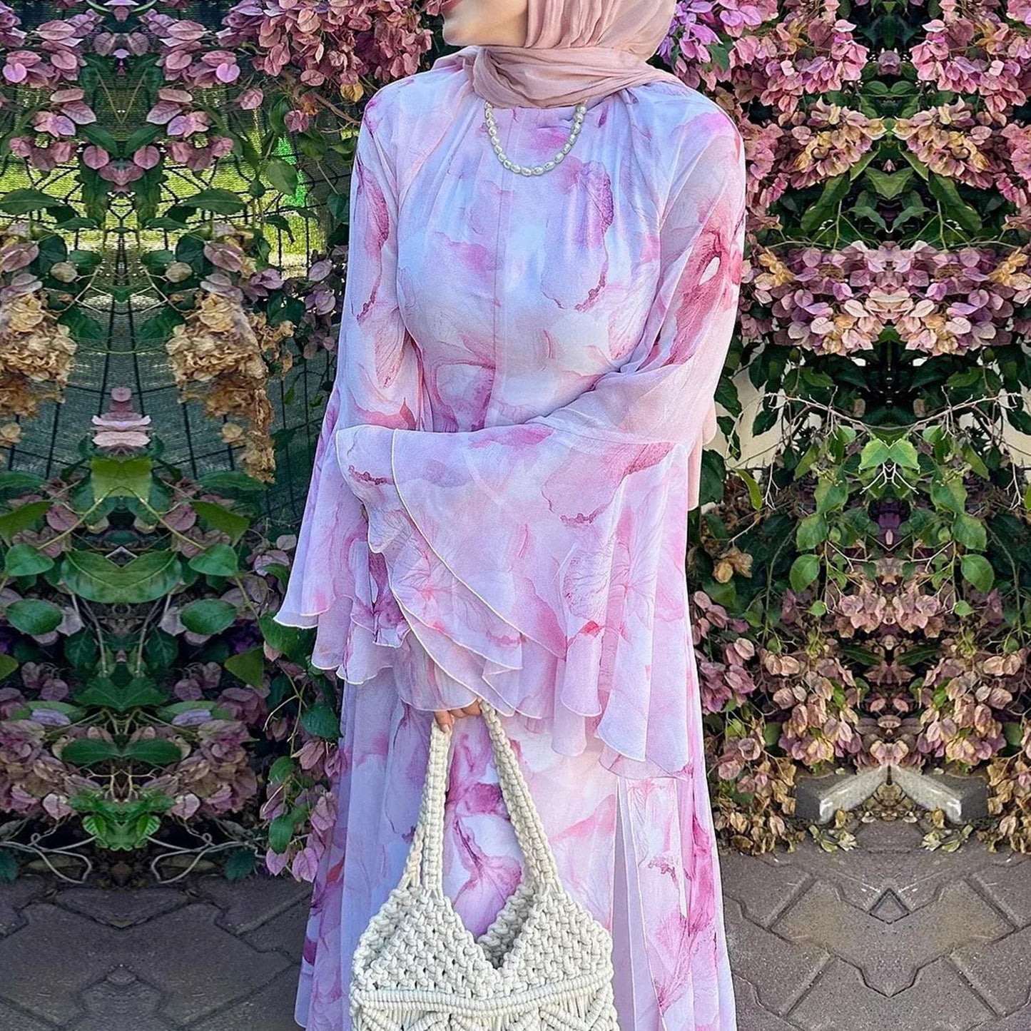 HASA HS6811 Chiffon Floral Maxi Dress Flare Ruffle Sleeve Elegant Long Dress for Women Daily Party Wear