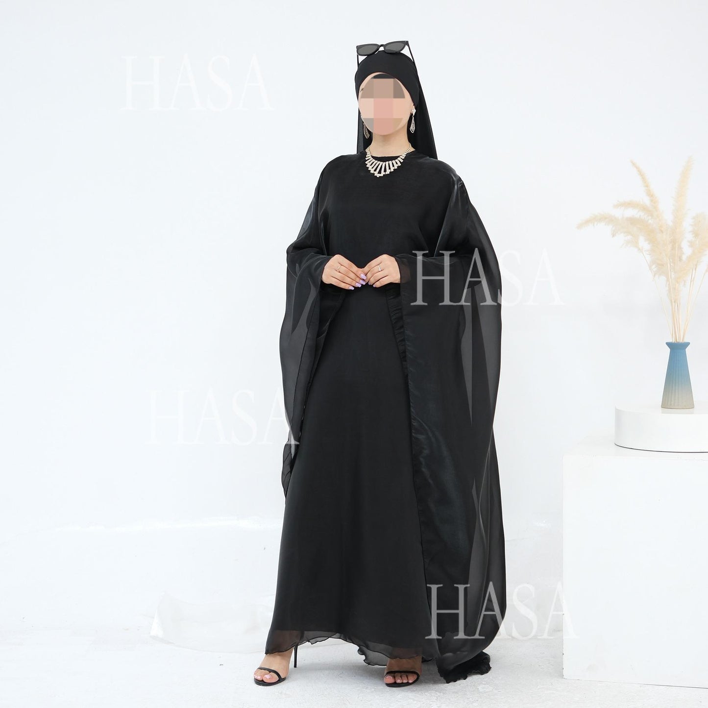HS6524 Elegant two-piece solid-color robe and dress with optional headscarf