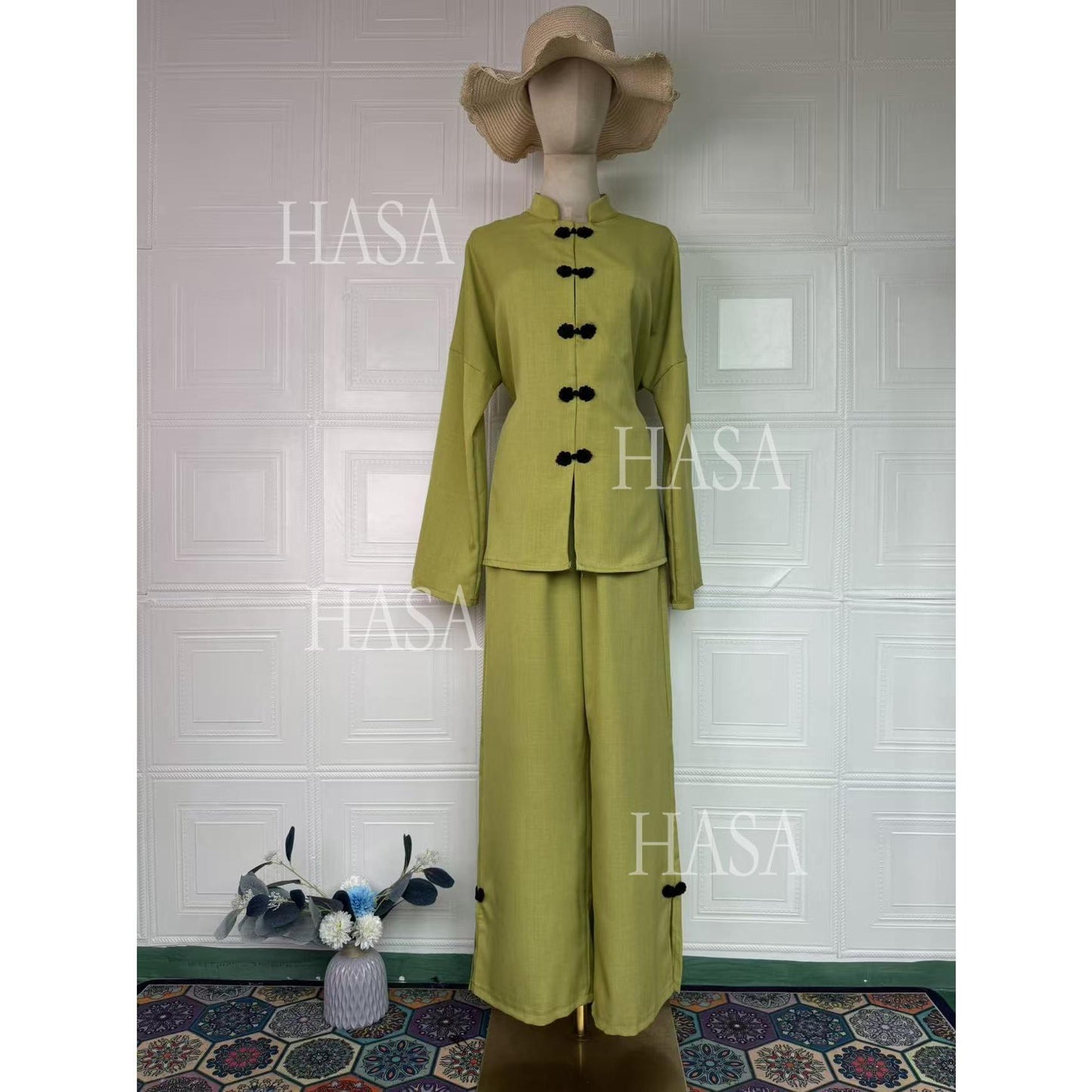 HS6738 Chic Long Sleeve Matching Set with Flowy Pants