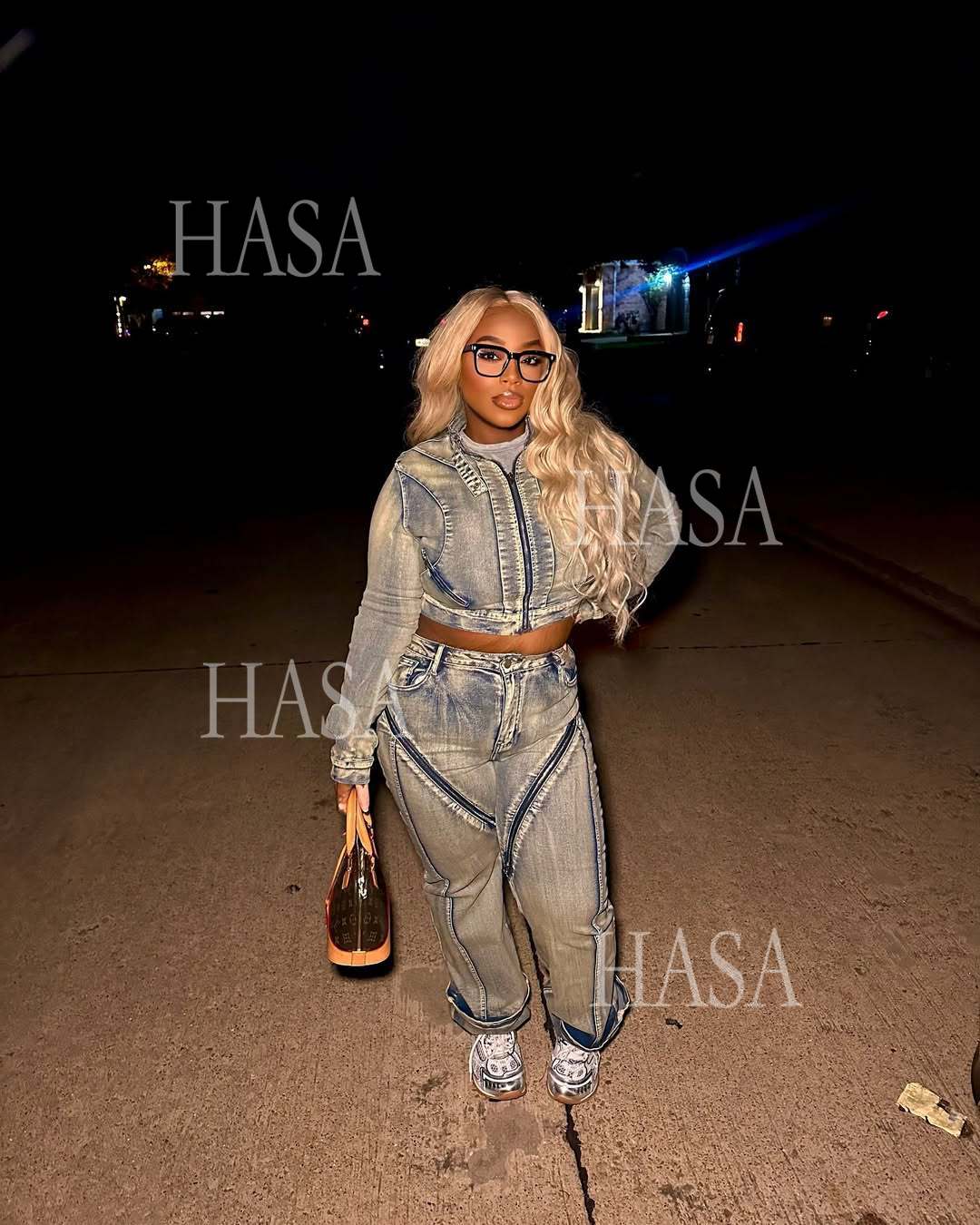 HASA HS6291 Statement Washed Denim Two Piece Outfit with Zip Jacket Detail