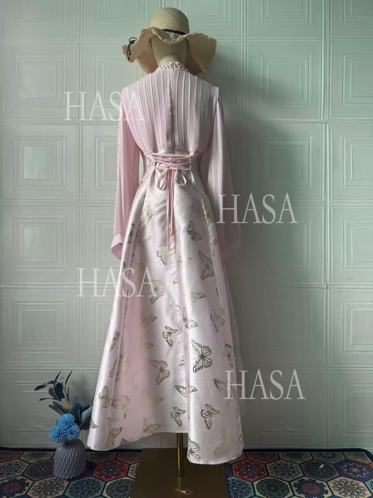 HS6734 Flowy Feminine Maxi Dress with Embroidered Butterfly Design