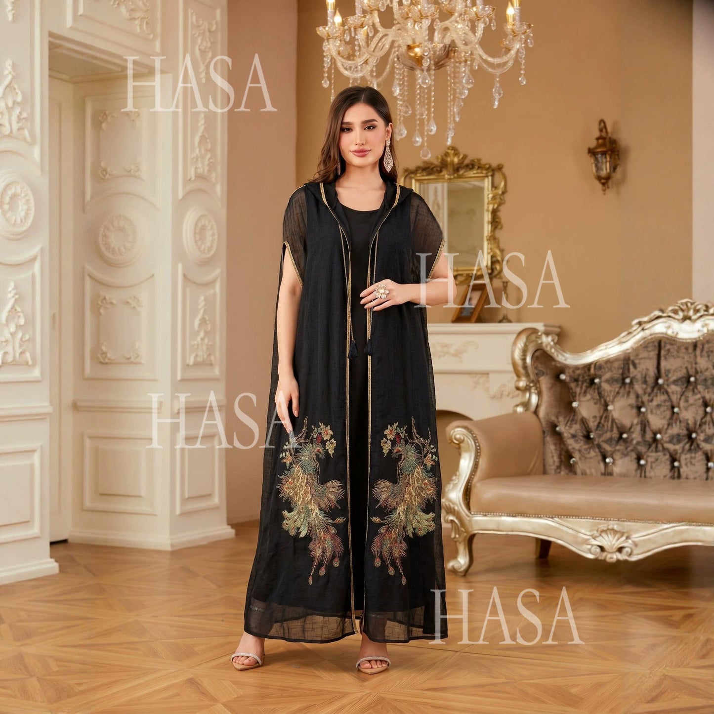 HASA HS6763 Elegant Tassel Hooded Maxi Ensemble