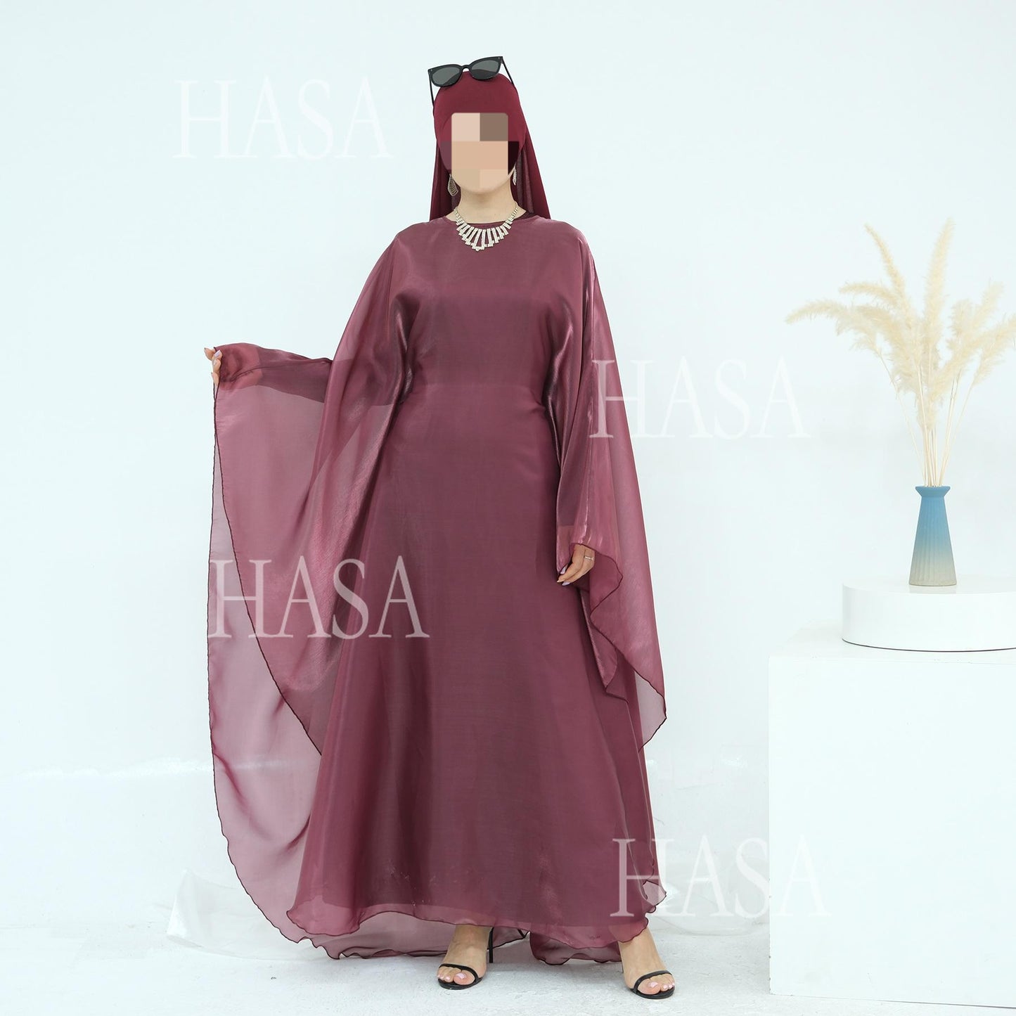 HS6524 Elegant two-piece solid-color robe and dress with optional headscarf