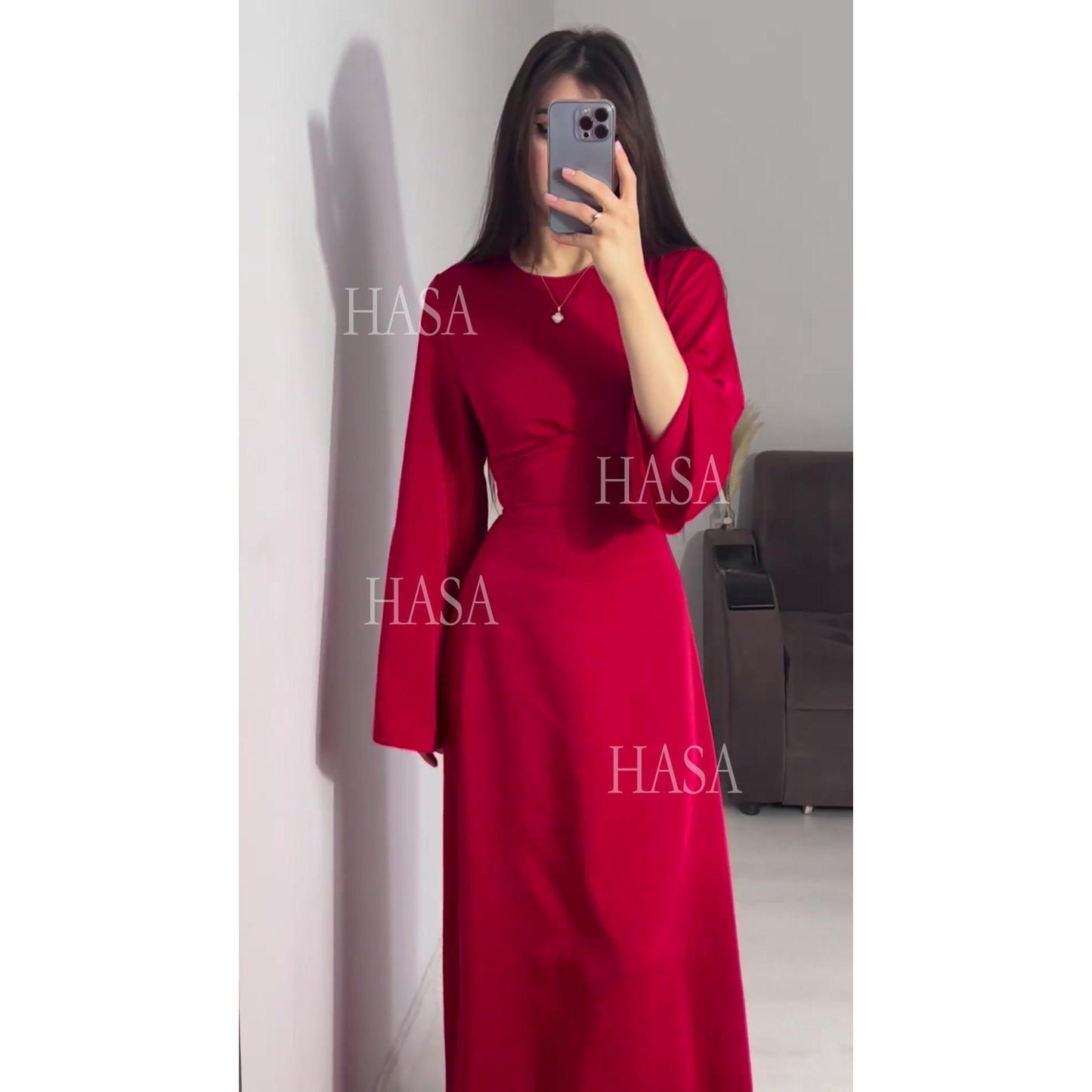 HASA HS6757 Classic Round Neck Flowy Maxi Dress