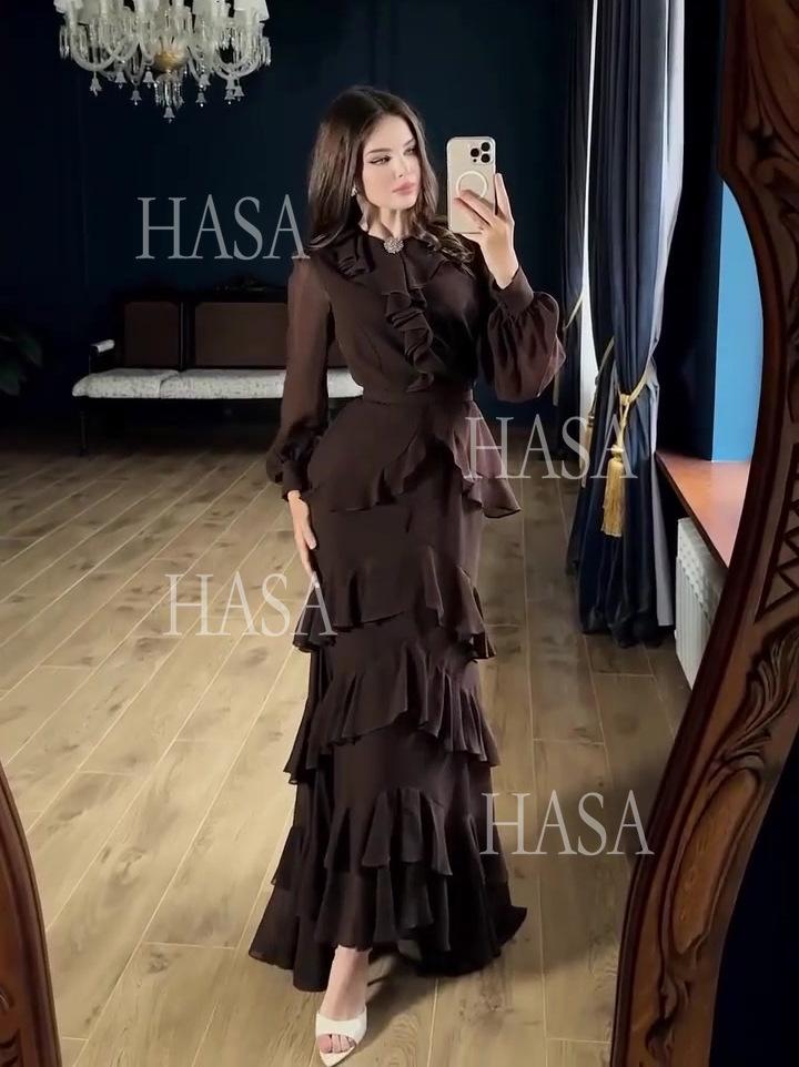 HS6733 Flowy Elegant Maxi Dress with Cascading Ruffles
