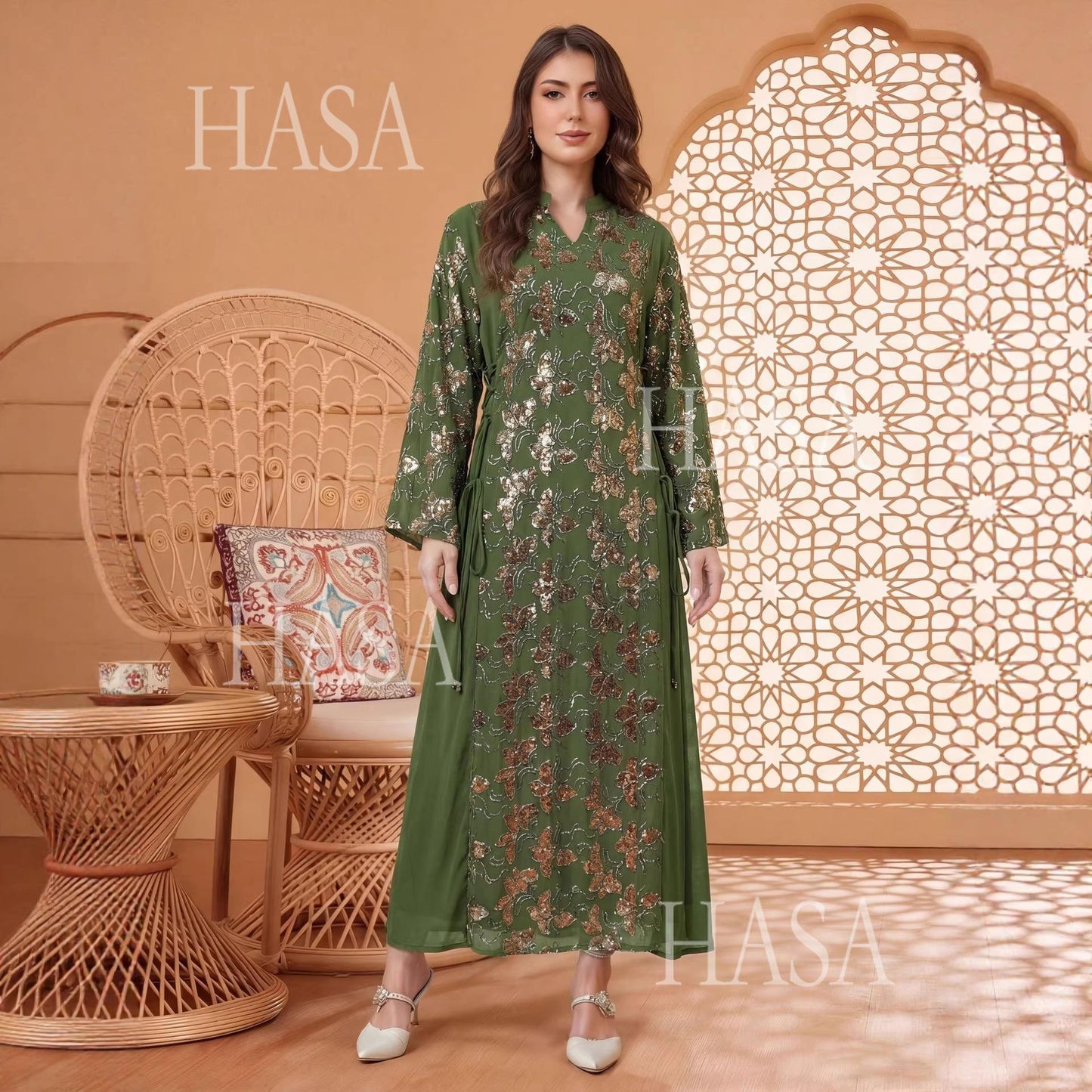 HASA HS6762 Elegant Waist Tie Occasion Abaya