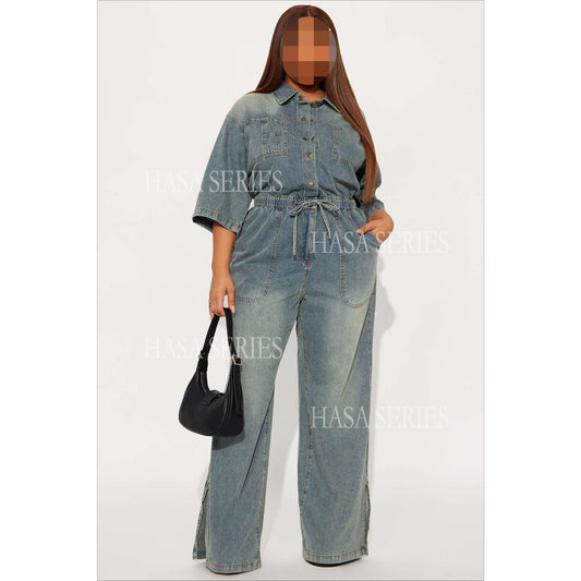 HASASERIES HS6686 Washed Denim Slim-fit Flared Jumpsuit