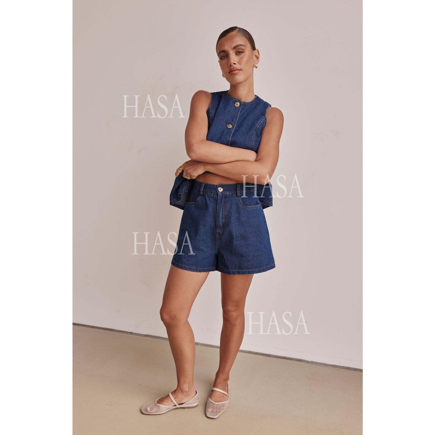 HASA HS6097 Women’s Button Front Denim Top with Matching Shorts