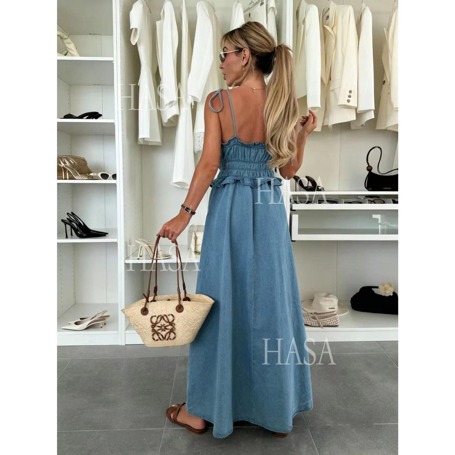 HASA HS6790 Chic Sleeveless Denim Maxi Dress with Flowy A Line Skirt