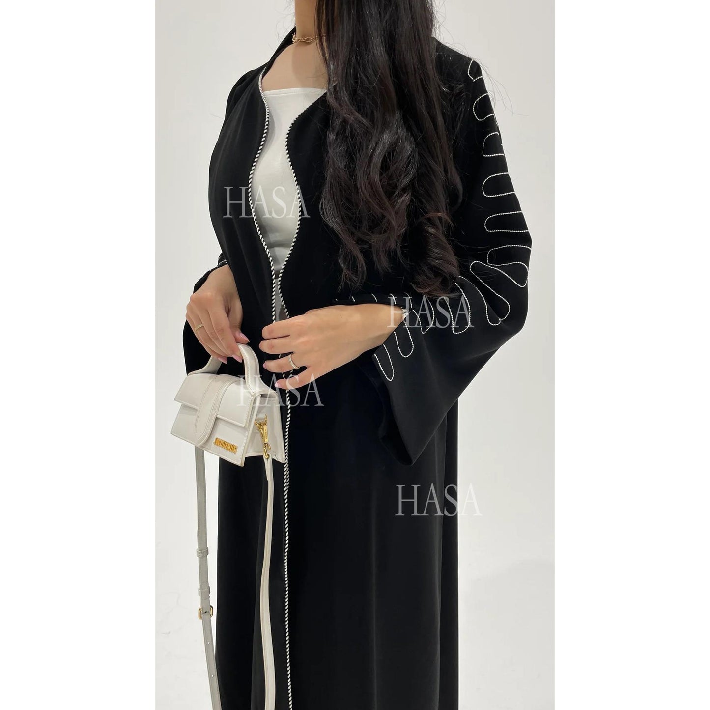 HASA's Series HS6582 Abaya Women's Long Embroidered Cardigan Jacket with Wavy Edges