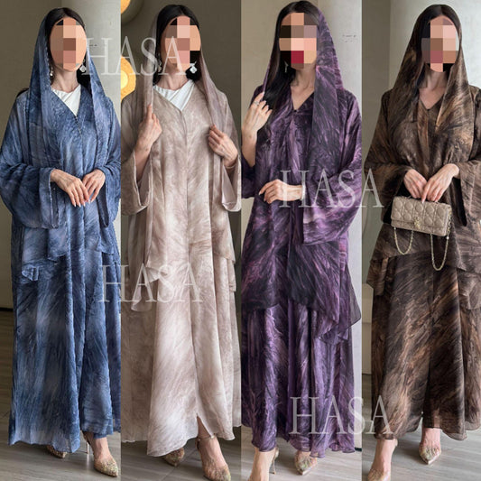 HS6551 Printed Abaya Cardigan with Matching Scarf Two-Piece Set