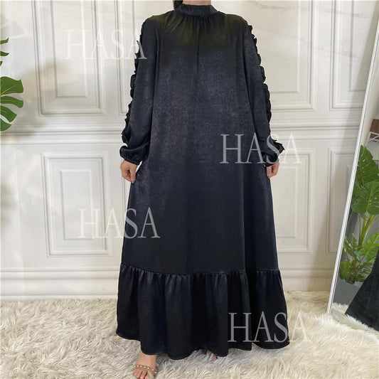 HS6591 Solid Color Turtleneck Long Sleeve Dress with Pleated Waistband