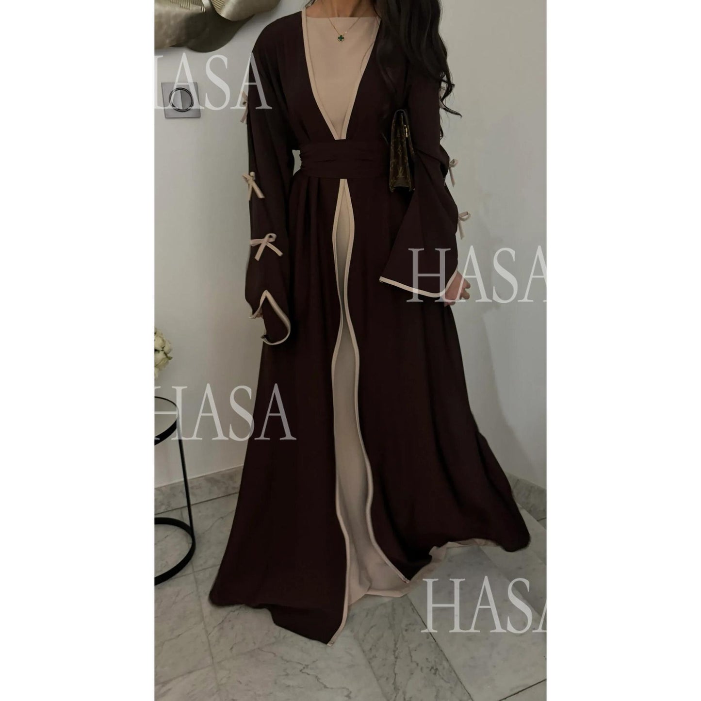 HS5883  A Two-piece Robe and Skirt Set with A Soft Bow and A Belt Design open abaya outfit