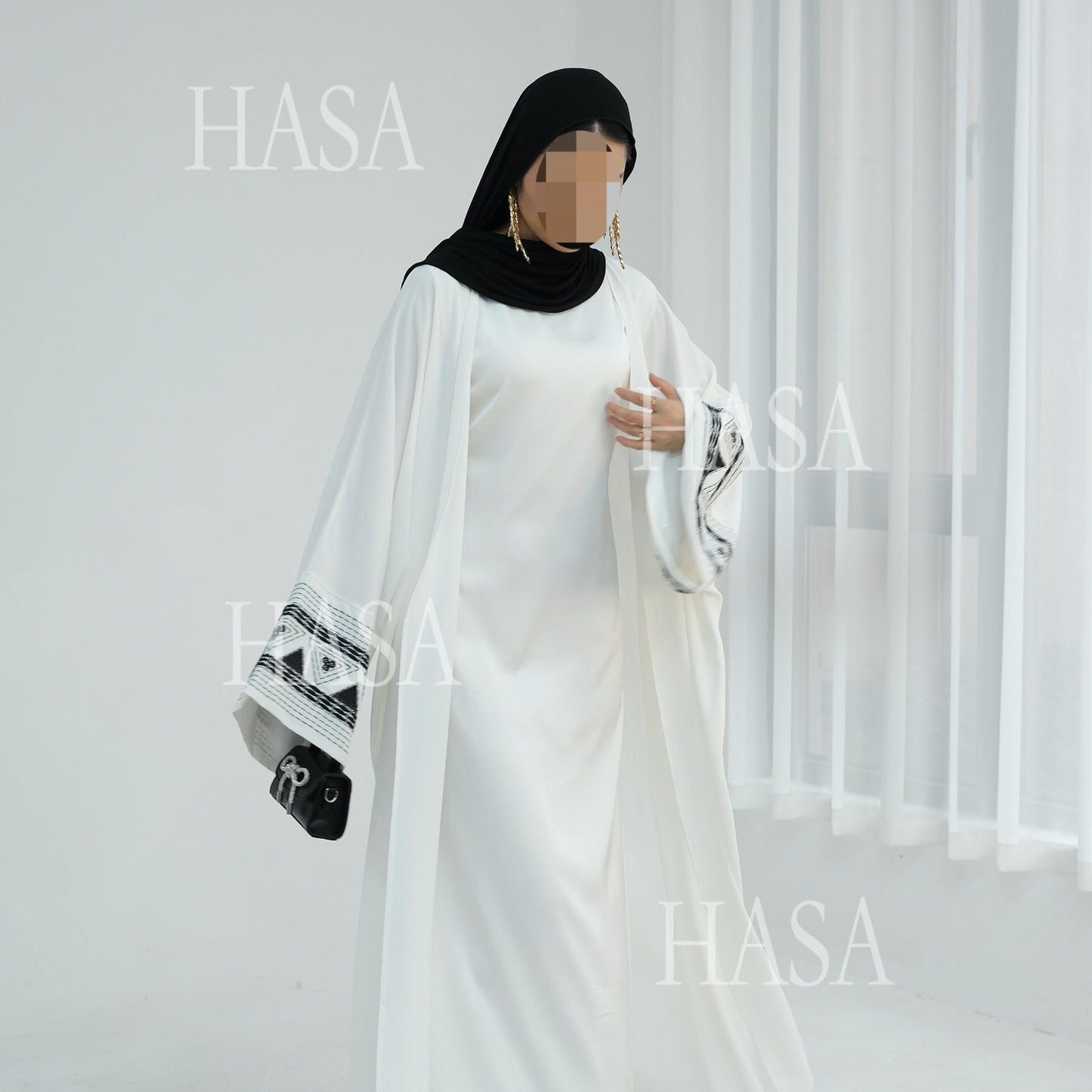 HASA's Series HS6506 Long Wide Sleeve Embroidered Robe Cardigan (No Headscarf)