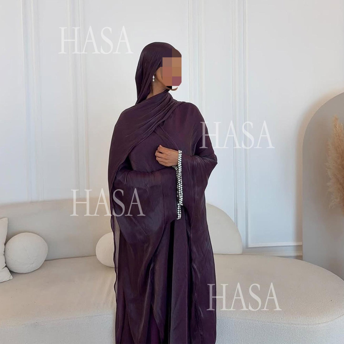 HS6553  Two-Piece Solid Abaya with Beaded Details and Matching Scarf Option
