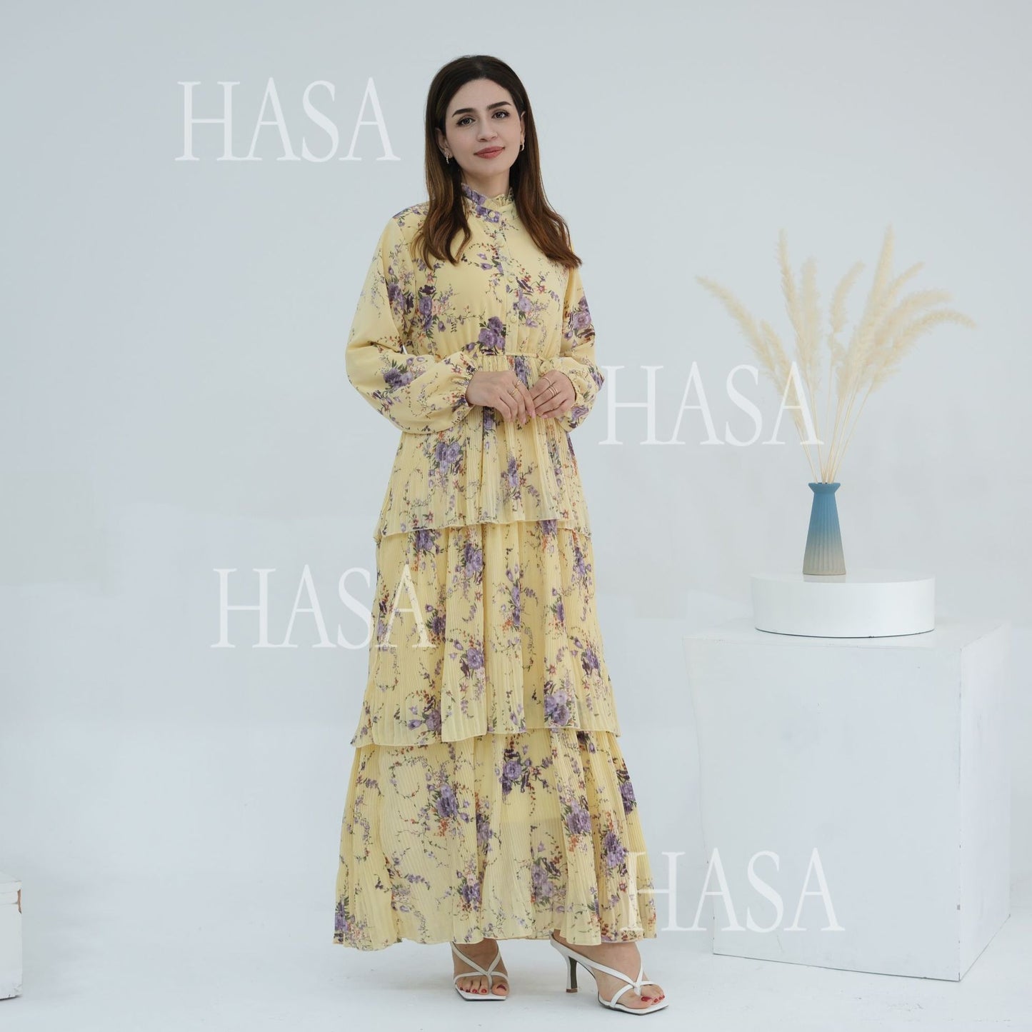 HS6500  Romantic Layered Print Long Dress
