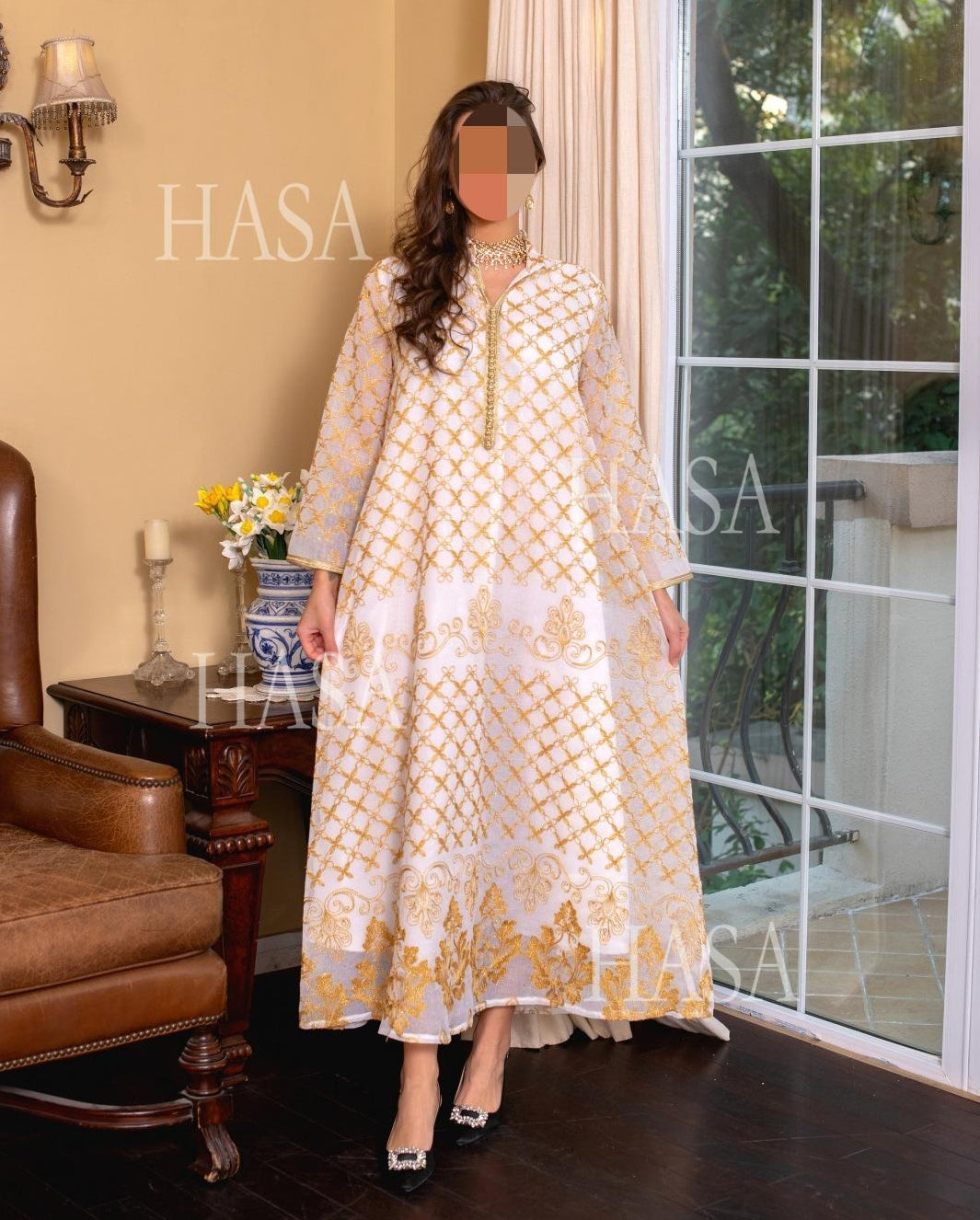 HS6640 Elegant Openwork Embroidered Abaya Long Dress