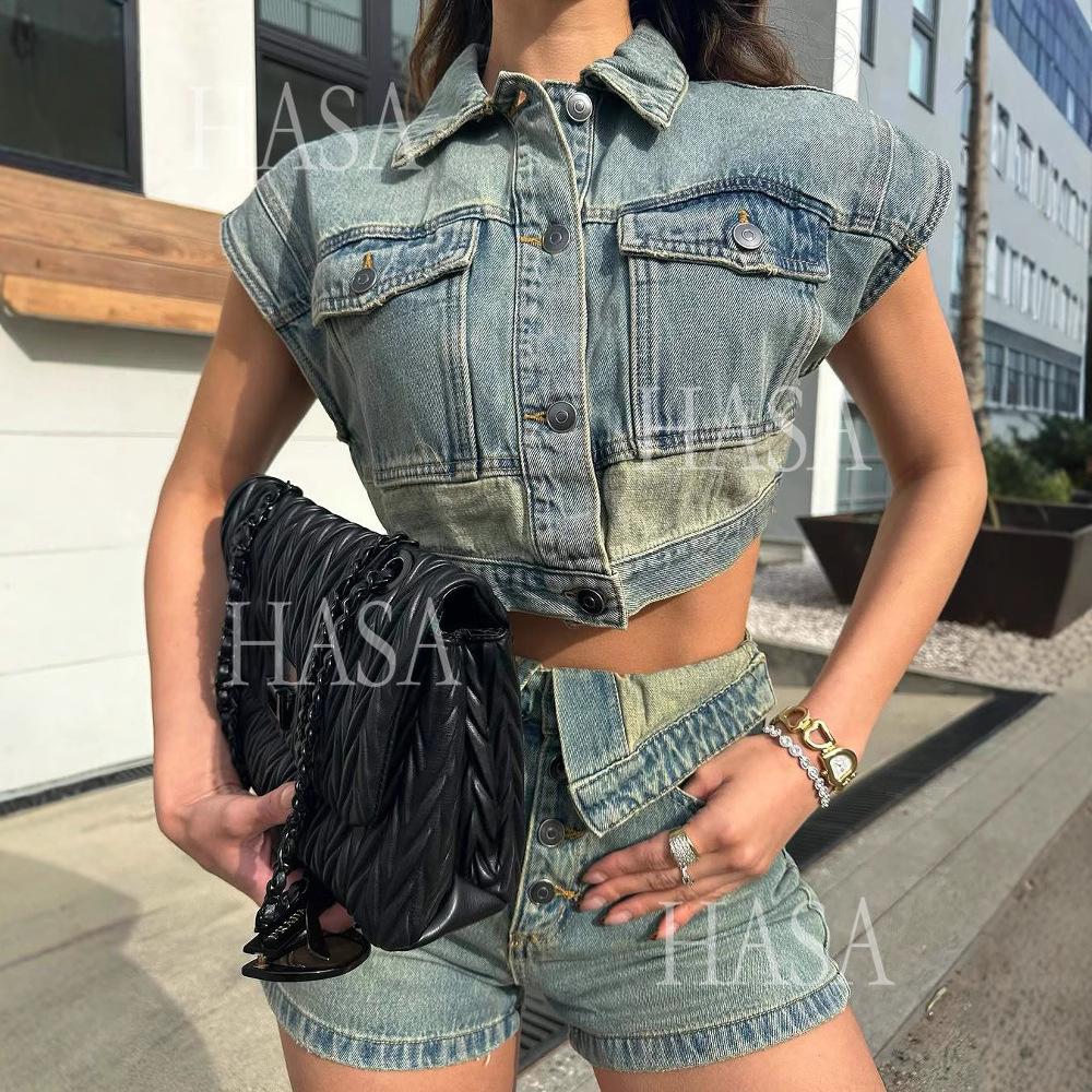 HASA HS6275 Cool Streetwear Denim Two Piece Shorts Set with Cropped Top