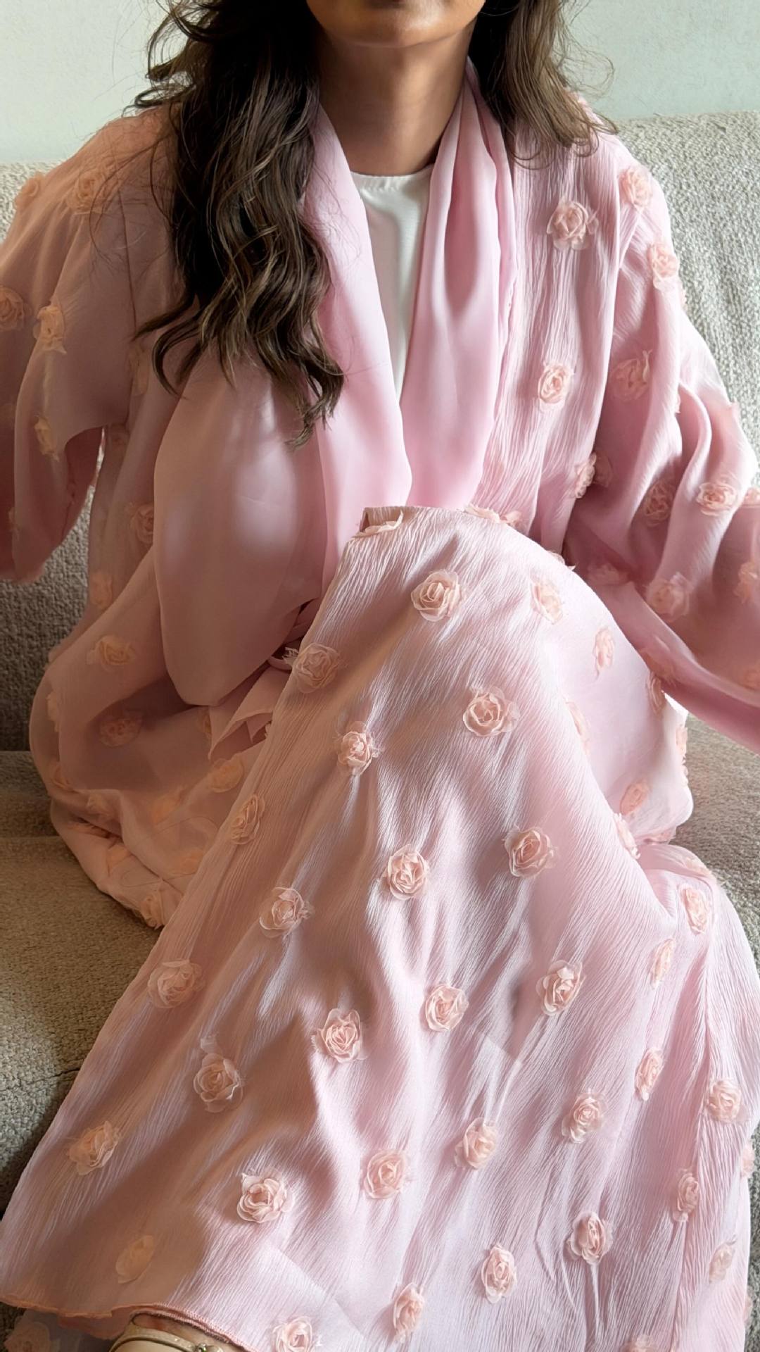 HASA HS6782 Graceful Floral Pink Abaya with Matching Scarf