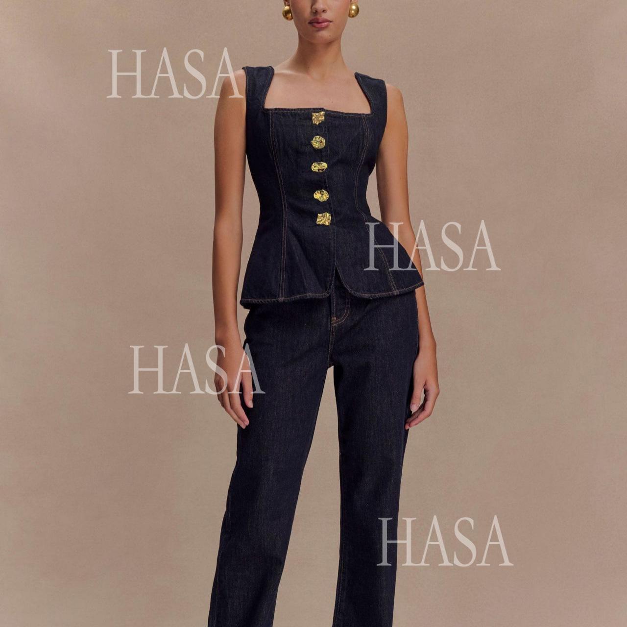 HASA HS6253 Trendy Structured Denim Co Ord Set with Gold Button Detail