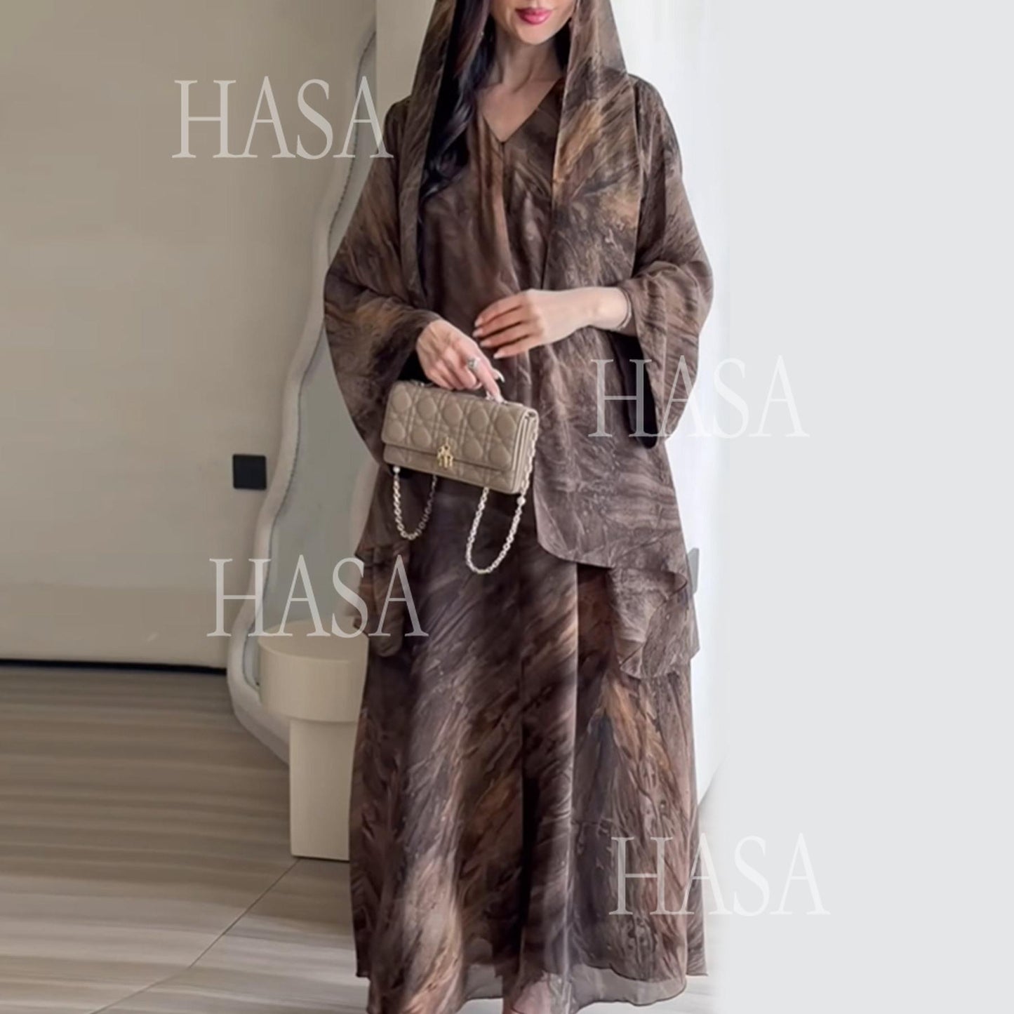 HS6551 Printed Abaya Cardigan with Matching Scarf Two-Piece Set
