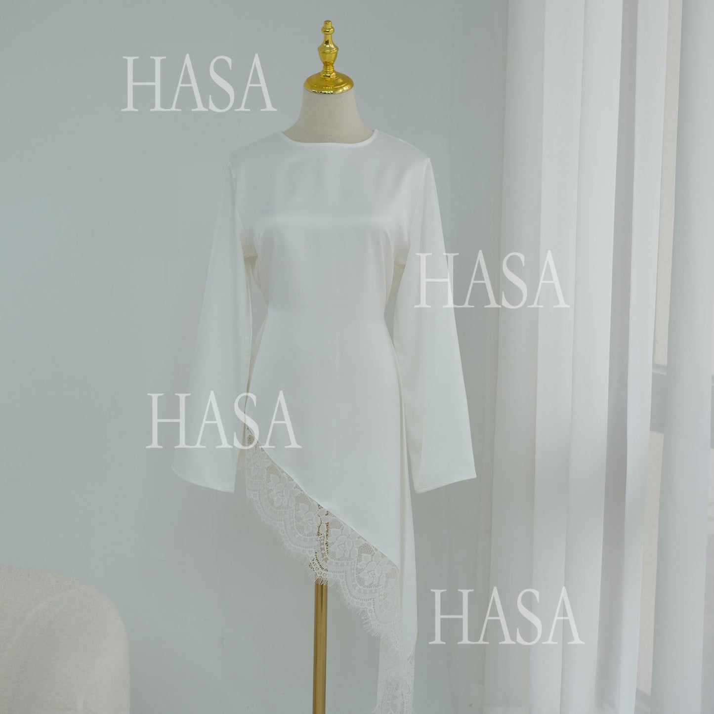 HASA HS6784 Soft Luxury Asymmetric Modest Top with Lace Detail