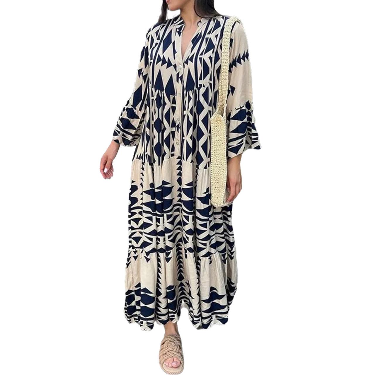 HS0469 Ladies Elegant Printed Shirt Skirt Bohemian Dress