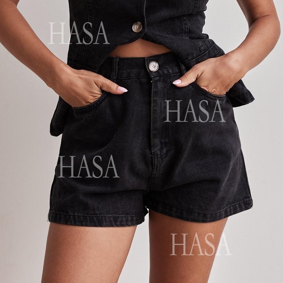 HASA HS6097 Women’s Button Front Denim Top with Matching Shorts