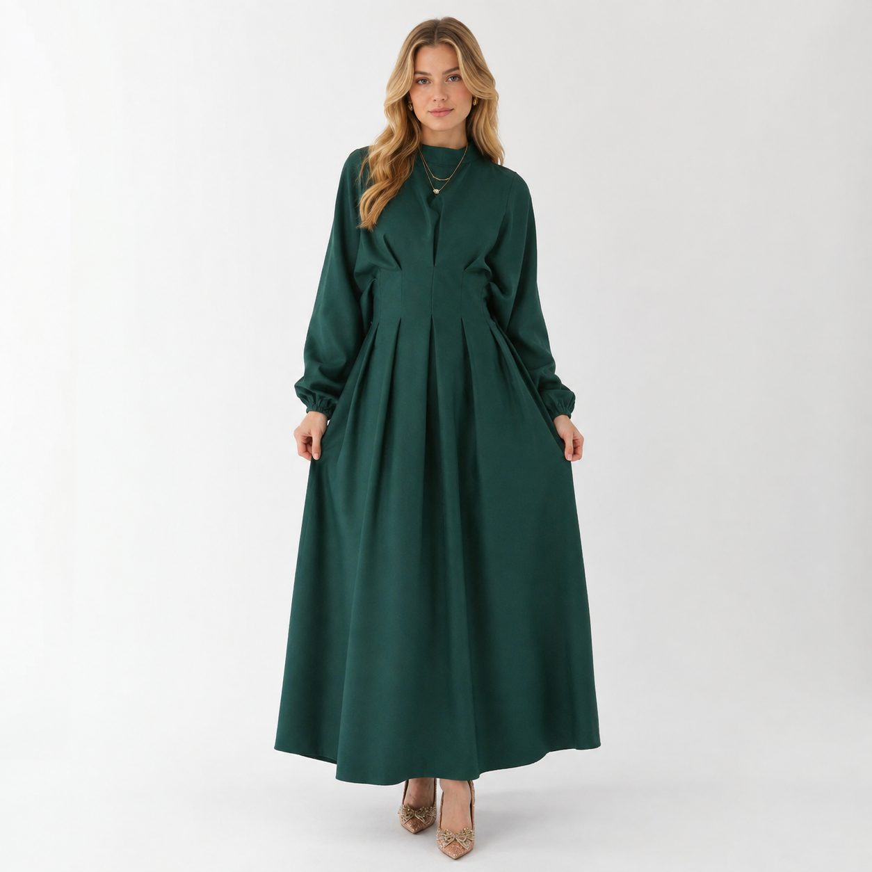 HS1226 Sculpted-Waist Modest Maxi Dress