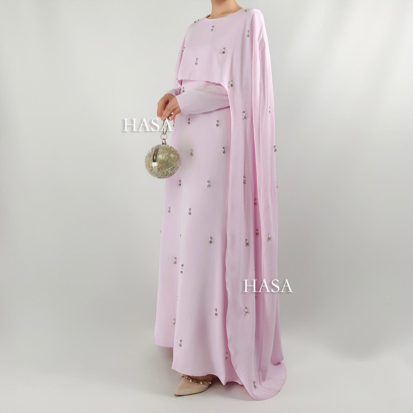 HS6505 Beaded Maxi Dress with Attached Cape Overlay