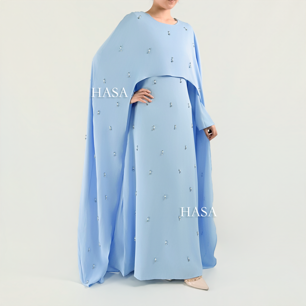 HS6505 Beaded Maxi Dress with Attached Cape Overlay