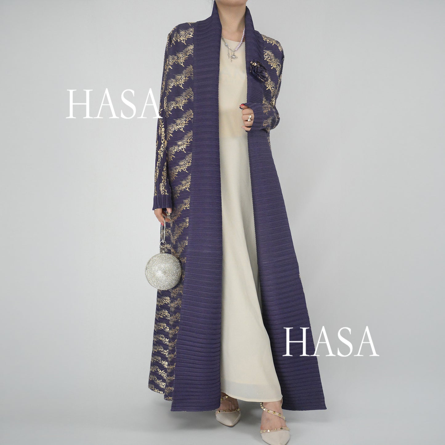 HS5838 Gold-stamped Pleated Long Cardigan with Belt