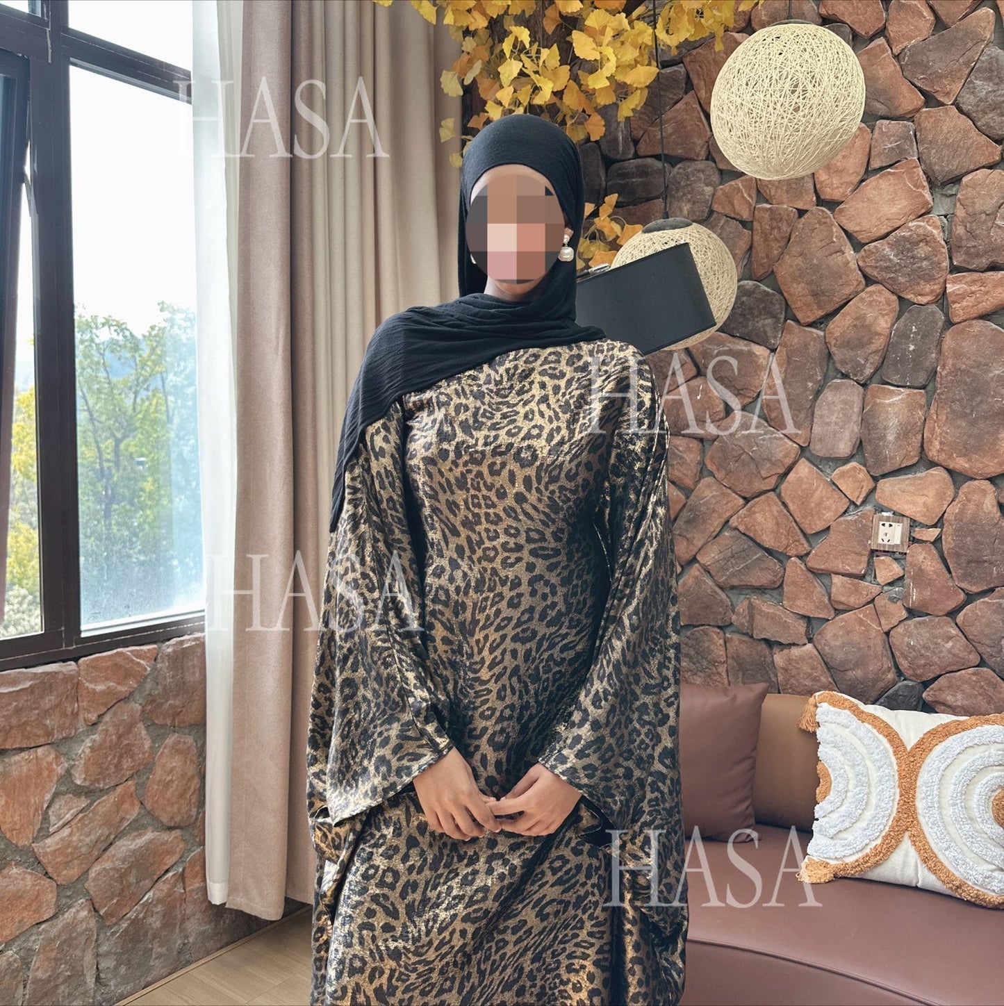 HS6469 Flowing Batwing Sleeve Leopard Maxi Dress (without Headscarf)