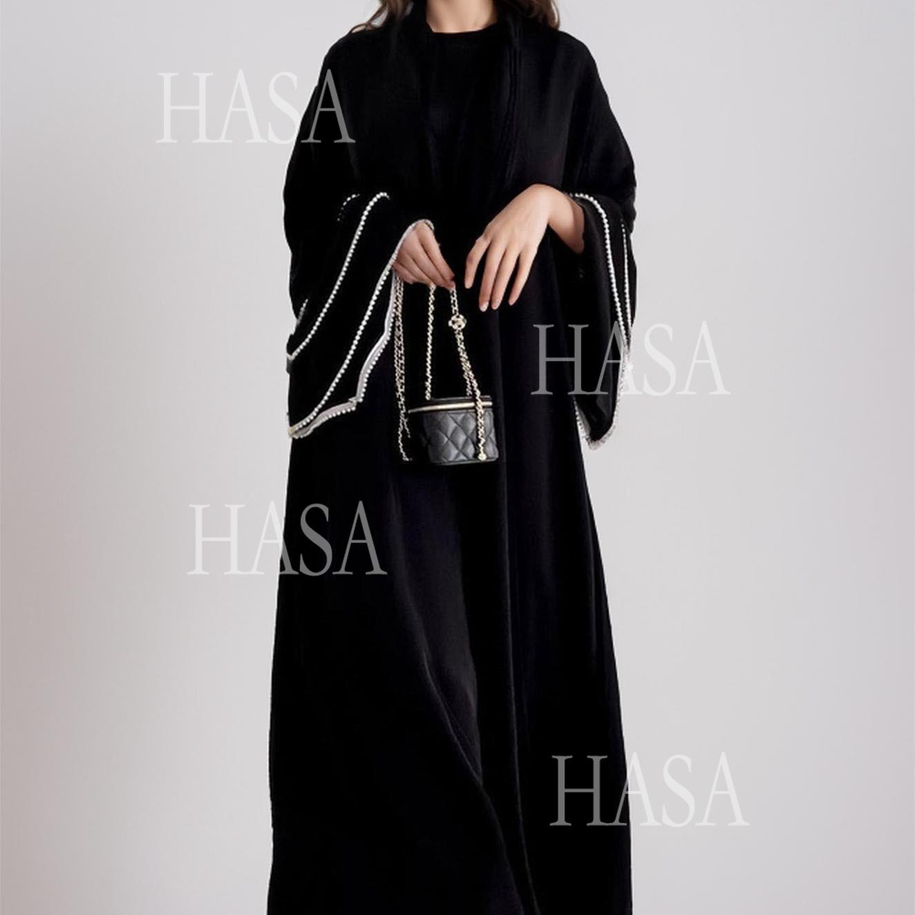 HS6543 Elegant Abaya with Hand-Embroidered Pearl Details