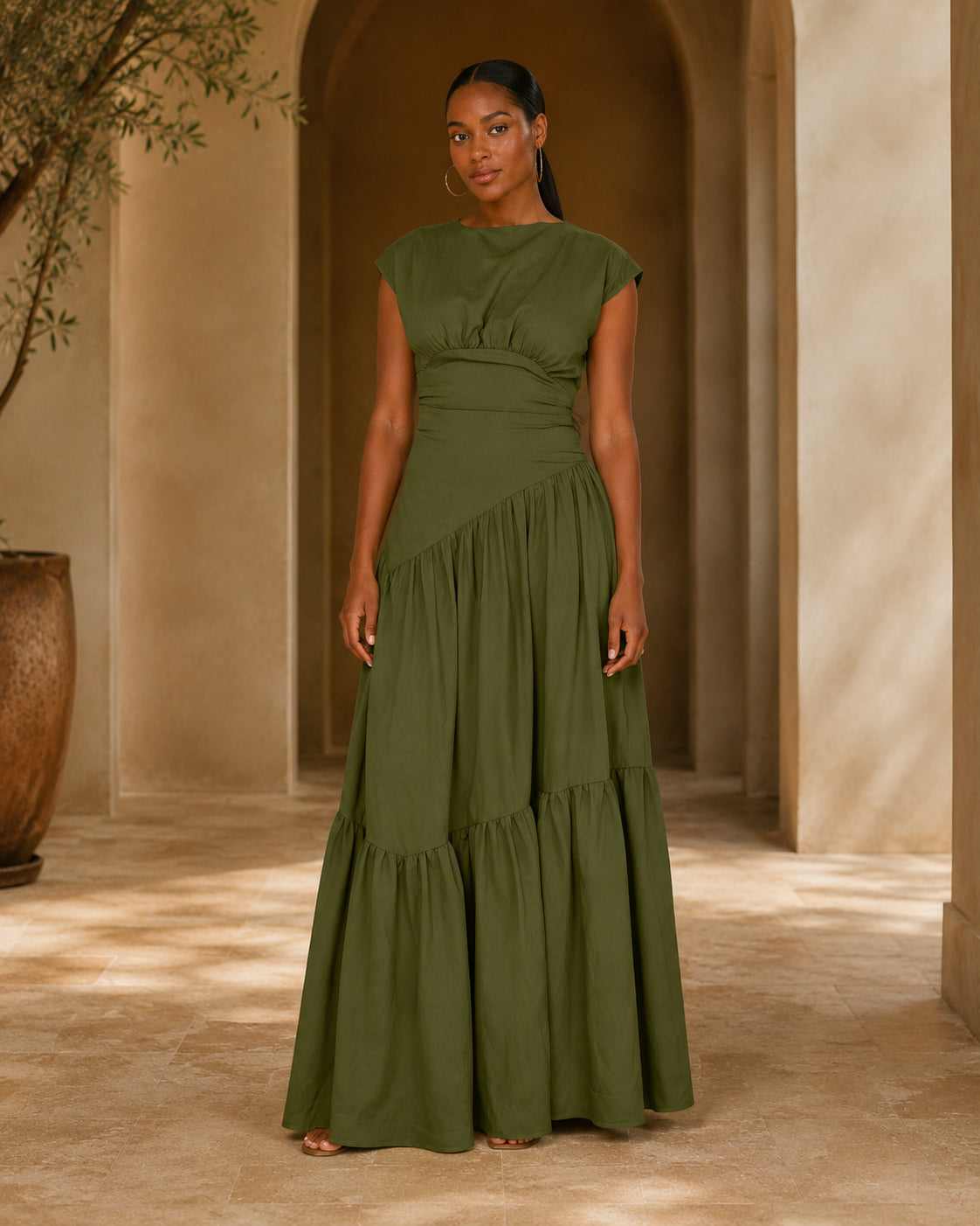HS1641 Women's Sleeveless Pleated Loose Fit Maxi Dress