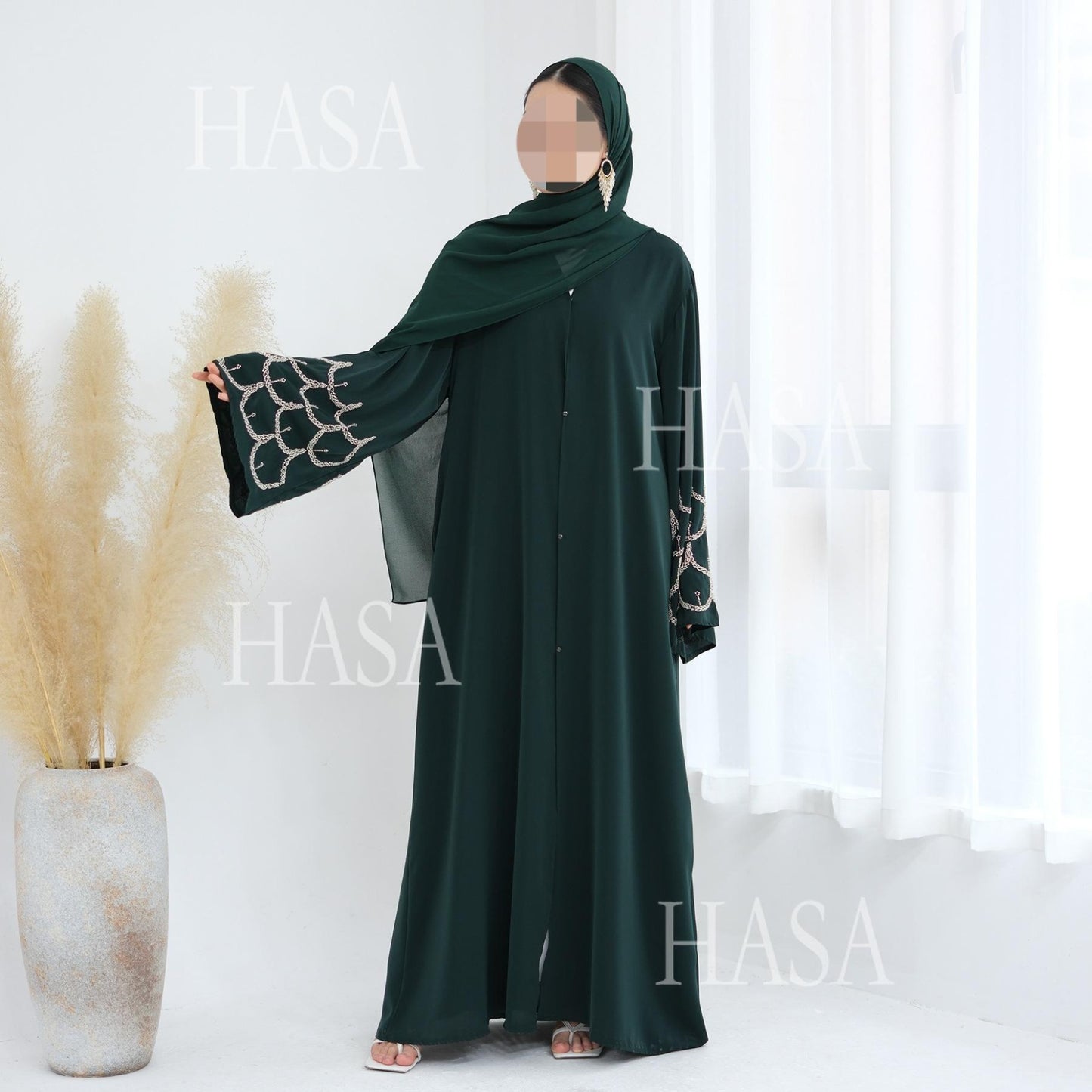 HS6608 Solid Color Hand-beaded Long Cardigan (headscarf Not Included)