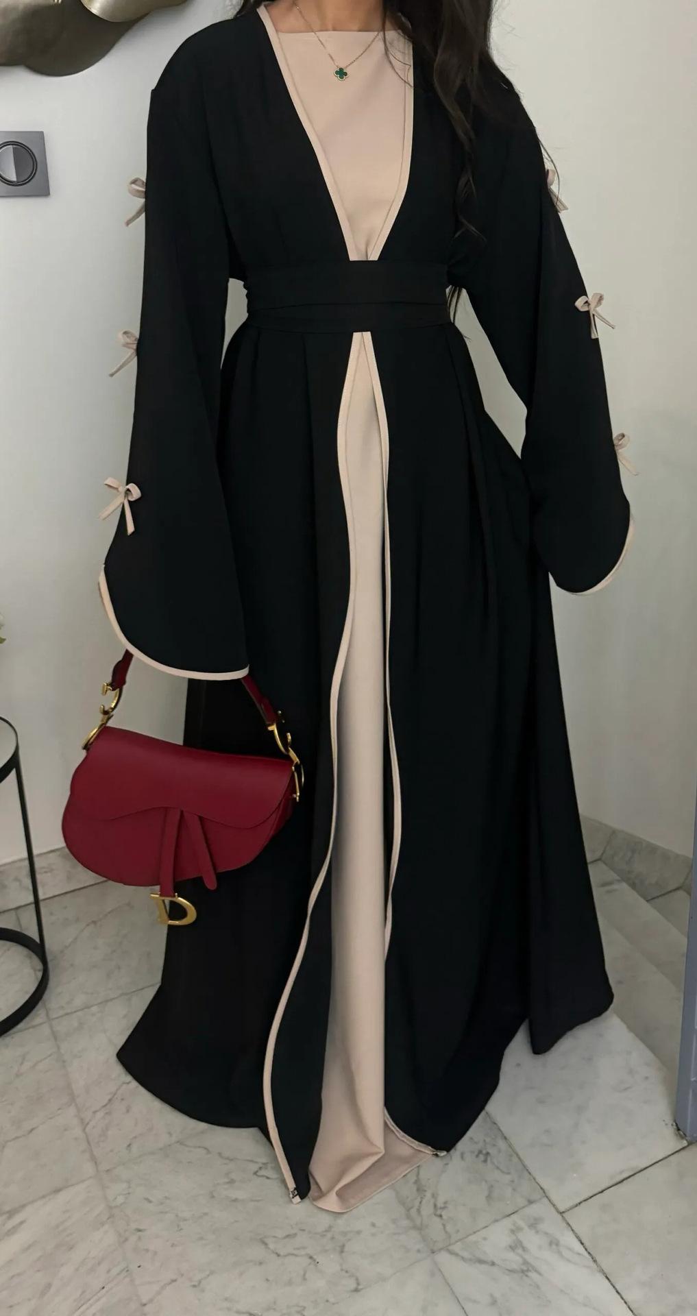 HS5883  A Two-piece Robe and Skirt Set with A Soft Bow and A Belt Design open abaya outfit