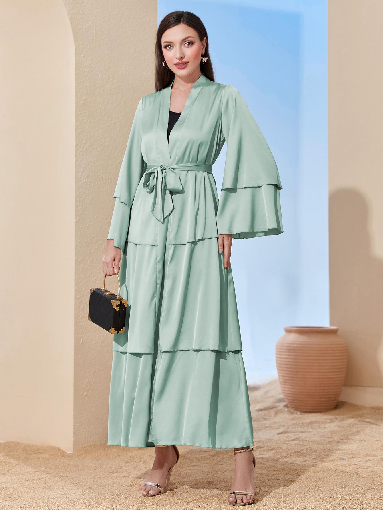 HASASERIES HS0480 Elegant Satin Silk Fabric Three Layer Open Abaya with Two Layer Sleeves