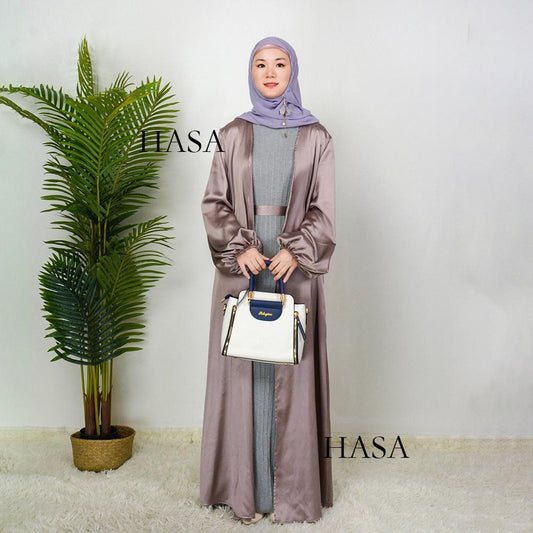 HS0481 Solid Color Satin Coat Robe Open Abaya