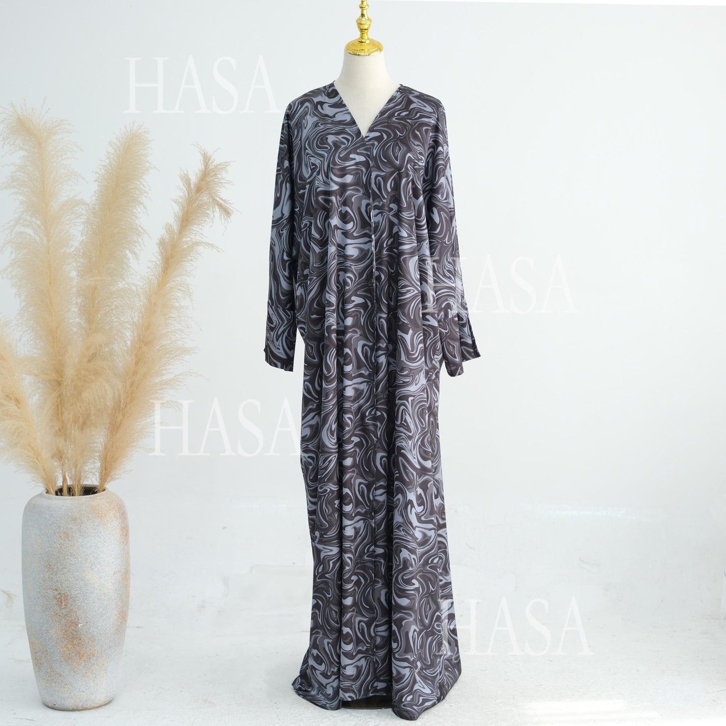 HS6555 Fashionable printed long-sleeved dress with an ankle-length cardigan style