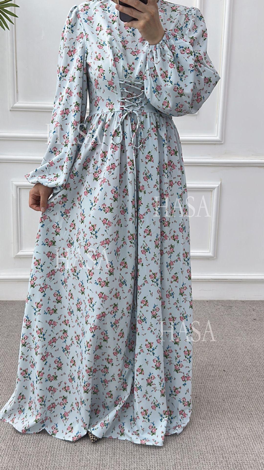 HS6489 Long-sleeved Floral Maxi Dress with Natural Waist