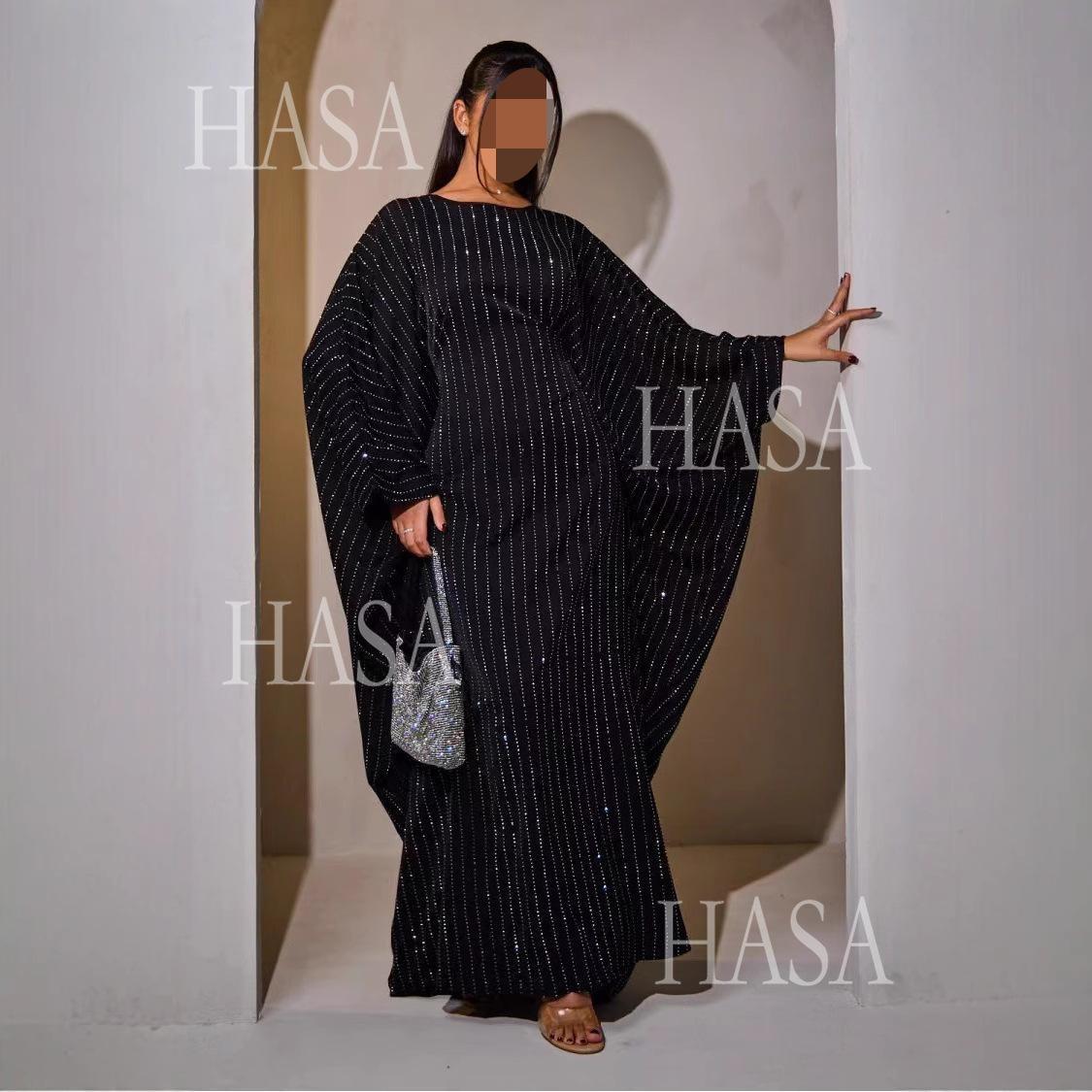 HS6483 Drape Rhinestone Gown with Simple Wide Sleeves