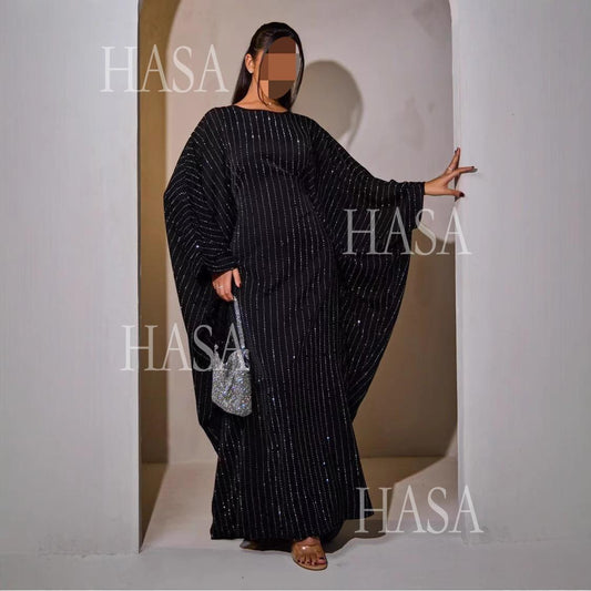 HS6483 Drape Rhinestone Gown with Simple Wide Sleeves