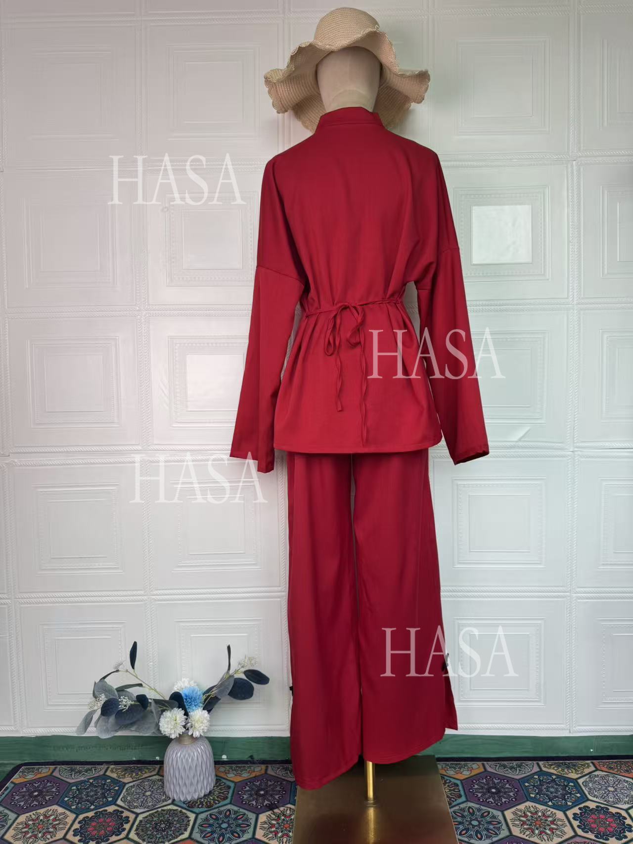 HS6738 Chic Long Sleeve Matching Set with Flowy Pants