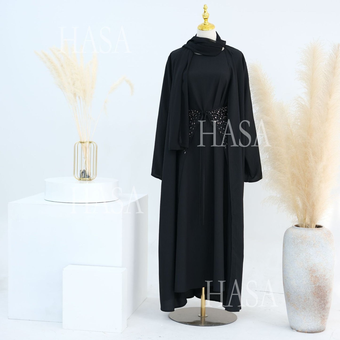HS6578 Women's Solid Color Three-piece Robe Set (long Skirt + Skirt + Cardigan Jacket)