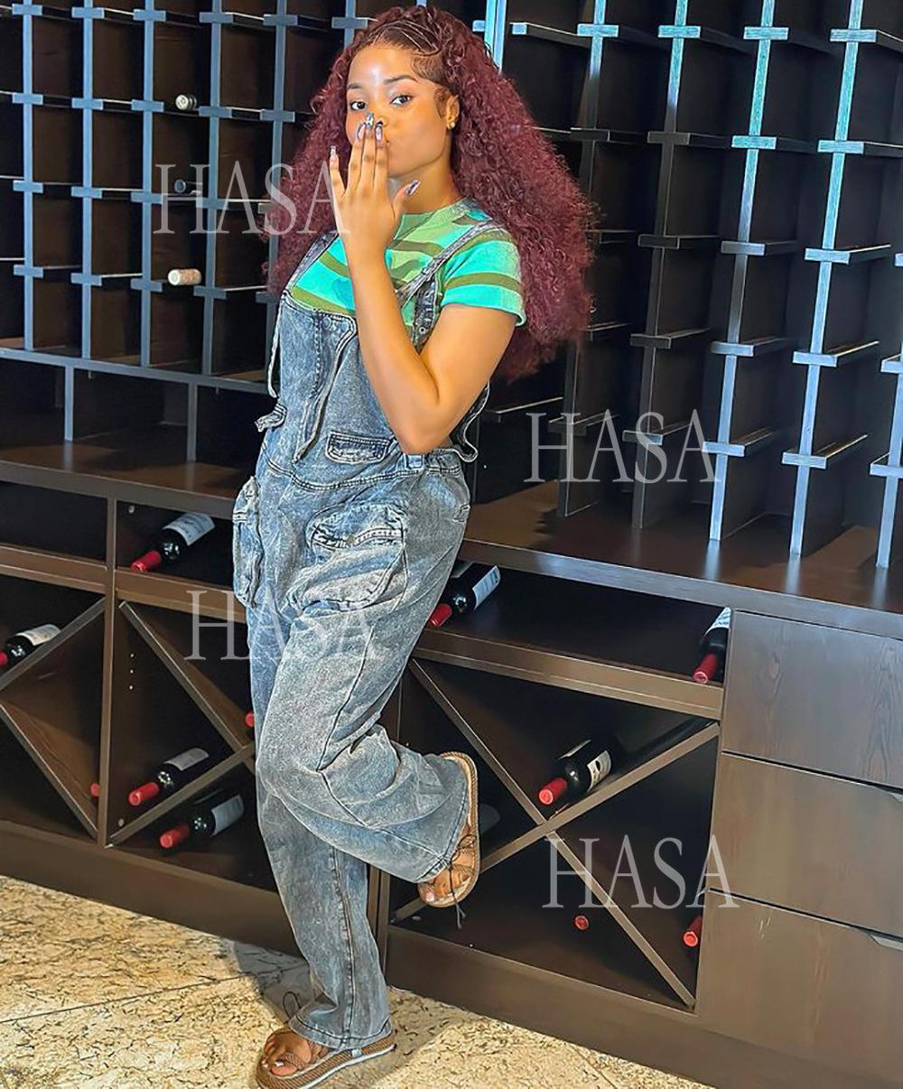 HASA HS4518 Bold Streetwear Split Leg Denim Jumpsuit Pants